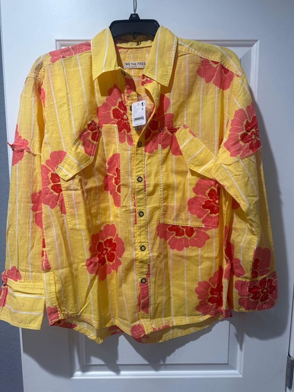 We The Free Yellow Button-Down Shirt with Pink Floral Print